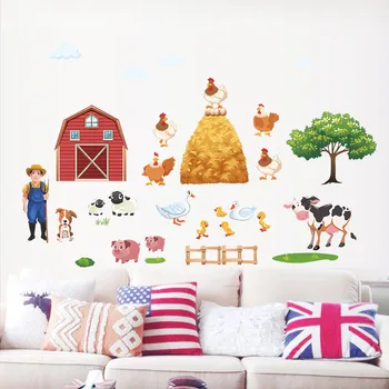 Карикатура САМ селскостопански животни стикери за стена за хол спалня патица прасе, пиле крави дърво стикери за стени, стенопис, плакат