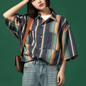 2020 есен памук блуза Половината ръкави shires корейски контрастни цветове на дъгата райета с къси ръкави, свободни ризи жени нова