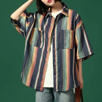2020 есен памук блуза Половината ръкави shires корейски контрастни цветове на дъгата райета с къси ръкави, свободни ризи жени нова