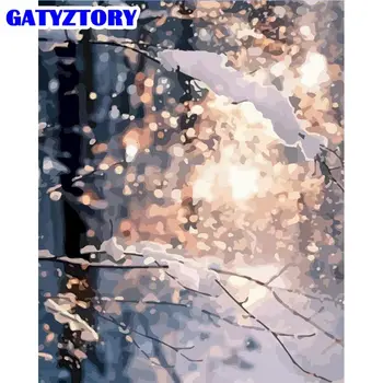 GATYZTORY 60x75cm Frame Oil Paint By Numbers Комплекти For Adult First Snow In Winter Природа Picture By Number Frame Home Decors
