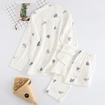 Японски Нов стил на дамите памук двойна марля пижамный комплект карикатура кактус сладки панталони с дълги ръкави от две части за домашно обслужване на жените