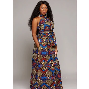 Макси рокля 2020 Новини Секси Африканска облекло дами американски Sleevelesss виси на шията на тънък африкански рокли за жени плюс размер
