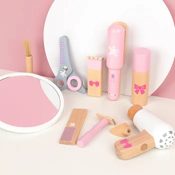 Нов Комплект Дървени Играчки За Подстригване Beauty Wood Hairdressing Girls Makeup Set Simulation Pretend Play Дървени Играчки За Деца