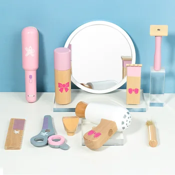 Нов Комплект Дървени Играчки За Подстригване Beauty Wood Hairdressing Girls Makeup Set Simulation Pretend Play Дървени Играчки За Деца