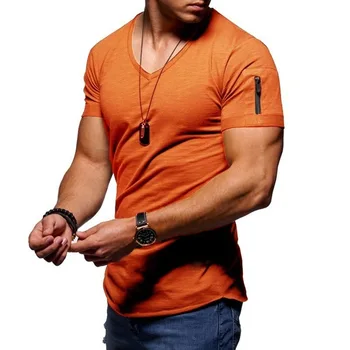 2020 нов мъжки V-образно деколте, фитнес фитнес тениска лято high street тениска с къс ръкав ежедневни памук цип отгоре