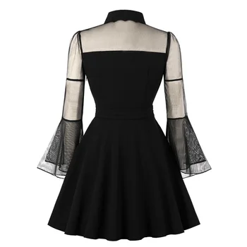JLI MAY Vintage Mesh Black Dress Дамски дрехи Halloween Party отложной яка Flare Sleeve Mini Ladies 70s елегантна секси ретро