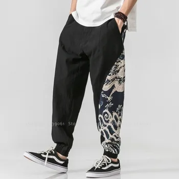 Мода Японски стил Harajuku широки панталони традиционната китайска облекло за мъже градинска облекло свободни памук, ленени долни панталони