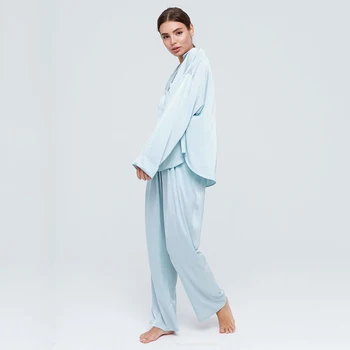 HiLoc 2021 пролетно сатен пижами дамски пижами плътен домашен костюм комплект дамски пижами свободен базов комплект от две части, елегантен салон комплект