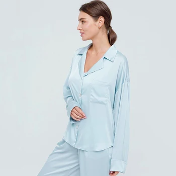 HiLoc 2021 пролетно сатен пижами дамски пижами плътен домашен костюм комплект дамски пижами свободен базов комплект от две части, елегантен салон комплект
