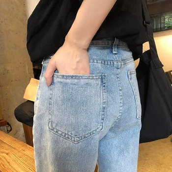 Дамски дънки пролет корейски прост голям размер висока талия дънкови пет точка панталони износени личност тънък случайни широки дънки