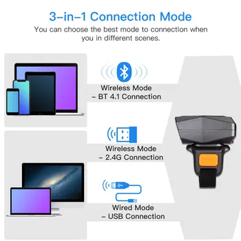 Eyoyo 2D носене Околовръстен баркод скенер, мини преносим 3-в-1 USB жична и 2.4 G Безжична Bluetooth скенер за отпечатъци за iPad, iPhone