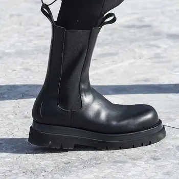 Дамски ботуши на платформа кожени дебели Bootom ботильоны през цялата чорап Дамски ботуши марка дизайнер на Дамски обувки кожени обувки челси