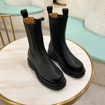 Дамски ботуши на платформа кожени дебели Bootom ботильоны през цялата чорап Дамски ботуши марка дизайнер на Дамски обувки кожени обувки челси