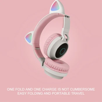 Карикатури Главоболие Безжични Слушалки Bluetooth Kid Розовата Котка Ear Сгъваема Стереозвук Светещ Слушалки Детски Слушалки