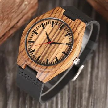 Горещи продажба на дървени часовници, мъжки черна кожена каишка природа бамбук, дървени часовници за мъже casual стил мъжки подаръци