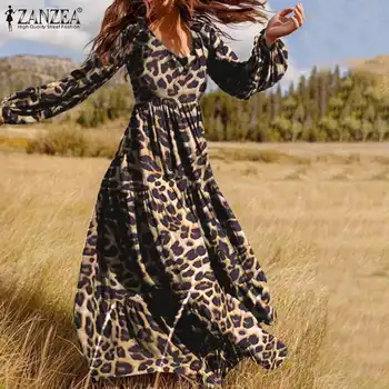 ZANZEA Leopard-Print Vestidos Небрежно Секси V образно деколте Robe Femme Fashion Puff Sleeve Разчорлям Dress Женски есента-дълга рокля плюс размер