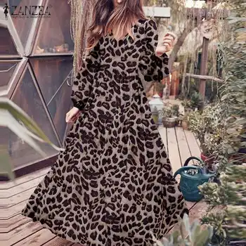 ZANZEA Leopard-Print Vestidos Небрежно Секси V образно деколте Robe Femme Fashion Puff Sleeve Разчорлям Dress Женски есента-дълга рокля плюс размер