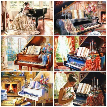 AZQSD възрастни оцветяване на цифрите на платно пиано Unframe комплекти САМ живопис с маслени бои по номера момиче акрилна боя за декорация на дома