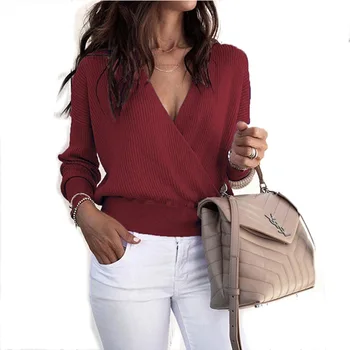 ZOGAA дамски блузи и блузи-ризи свободни бутони с дълъг ръкав дълбоко V образно деколте шифоновая блуза, Дамски ризи плътен цвят лятна блуза