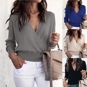 ZOGAA дамски блузи и блузи-ризи свободни бутони с дълъг ръкав дълбоко V образно деколте шифоновая блуза, Дамски ризи плътен цвят лятна блуза
