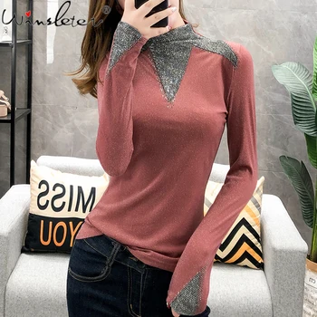 2020 есен Диамант тениска върховете дамска мода ежедневно с дълъг ръкав отдолу свободни поло корейски пуловер женски T07702B