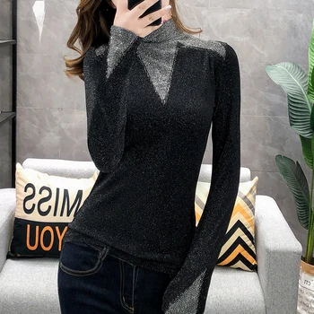 2020 есен Диамант тениска върховете дамска мода ежедневно с дълъг ръкав отдолу свободни поло корейски пуловер женски T07702B