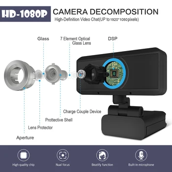 Мини завъртане уеб камера HD 1080P компютър на компютър, уеб камера с микрофон камера за директно излъчване на видео разговори конферентните работа