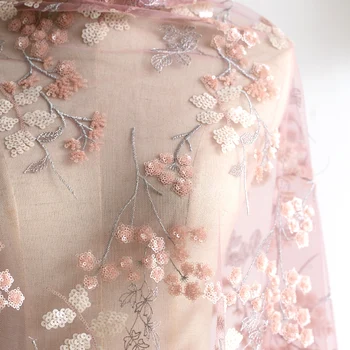 1 двор / лот 130 см розово лилаво пайети 3D бродерия цветя окото лейси плат направи си сам сватбена рокля на дизайнер, ръчно изработени сам плат