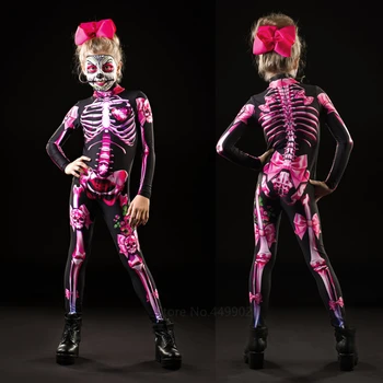 Cosplay обличане на пинк карнавал, парти Хелоуин костюм деца, жени, възрастни деца страшен Дявол от Мъртво скелета печат гащеризон вещица
