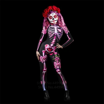 Cosplay обличане на пинк карнавал, парти Хелоуин костюм деца, жени, възрастни деца страшен Дявол от Мъртво скелета печат гащеризон вещица