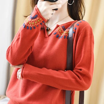 2021 нов стил лилаво черно червено свободен v образно деколте вязаный пуловер пуловер жени с дълъг ръкав бродирани основните зимни върхове риза C475