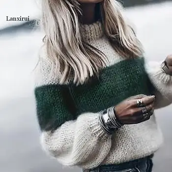 Есен-зима дамски свободни вязаный пуловер с дълъг ръкав За-образно деколте мозайка пуловер пуловер за жени 2019 мода топли дрехи