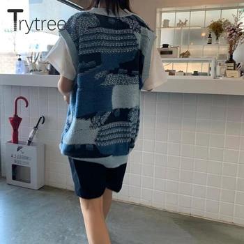 Trytree 2020 зимни всекидневни женски пуловер, жилетка Oversize О-образно деколте геометричен 2 цвята Моден вязаный пуловер без ръкави на женските блузи
