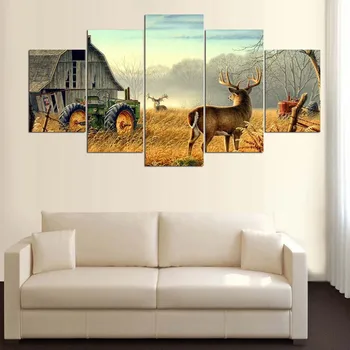 5шт животни белохвост елени във фермата дървена къща плакат на стената на изкуството декор Модулна картина на платно картина за хола декорация на дома