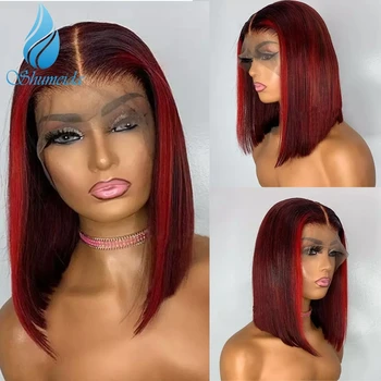 13*6 дантела червена завързана отпред на човешки косъм перуки бразилски Реми човешки коси Дантела пред перука Кратък боб перука с детски коса за черни жени