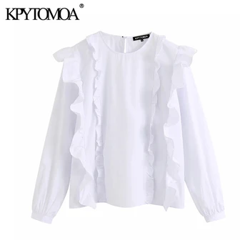 KPYTOMOA Women 2020 Vintage Fashion Раффлед бяла блуза с кръгло деколте и дълъг ръкав нагънат Дамски ризи Blusas шик върховете