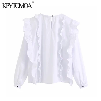 KPYTOMOA Women 2020 Vintage Fashion Раффлед бяла блуза с кръгло деколте и дълъг ръкав нагънат Дамски ризи Blusas шик върховете