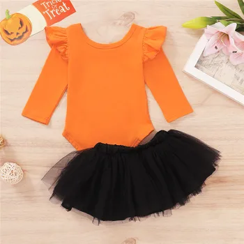 2020 Baby Girl Хелоуин костюми с дълъг ръкав паяжини печат оранжев гащеризон топ лък пакетче пола момичета 2 бр. съоръжения комплект