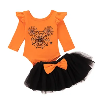 2020 Baby Girl Хелоуин костюми с дълъг ръкав паяжини печат оранжев гащеризон топ лък пакетче пола момичета 2 бр. съоръжения комплект