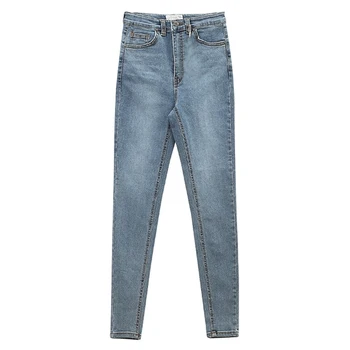 Хип - хоп Дамски дънки с висока талия участък тесни дънкови панталони есен син ретро измиват с еластичен тънък молив панталони градинска