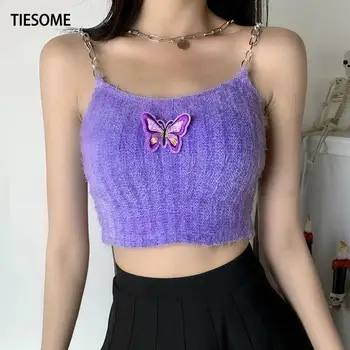 TIESOME Секси Butterfly Crop Top тениски без ръкави жени кратък тънък топ 2020 Hot Chain Sling Camis апликации на женски лилаво върховете