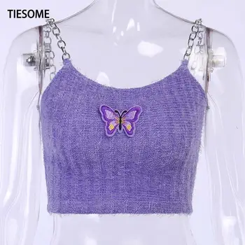 TIESOME Секси Butterfly Crop Top тениски без ръкави жени кратък тънък топ 2020 Hot Chain Sling Camis апликации на женски лилаво върховете