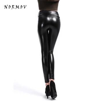 NORMOV дамски кожени панталони Секси Висока Талия тънък плюс кадифе ластични панталони панталони зимни дамски топли панталони плюс размер