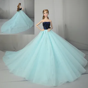 Синьо и черно дантелено рокля Рокля с дълъг влак / красива сватбена рокля от сатен, облекла за 1/6 кукли Барби Xinyi Kurhn FR Кукла Коледа