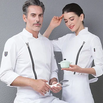 1 Цип, стоящ яка главен готвач униформи Мъже, Жени, хранителни услуги кулинария облекло бял черен