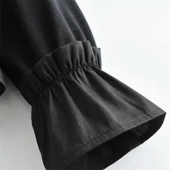 2020 Пролет дамски нова кръгла врата с дълъг ръкав мода свободен черен ламинат декоративно срастване hoody