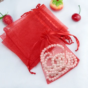 Hotsale 500 бр./лот Червена органза чанти 5x7cm малък Коледен дантела подарък чанта добър Чар на бижута, опаковане на чанти и торбички