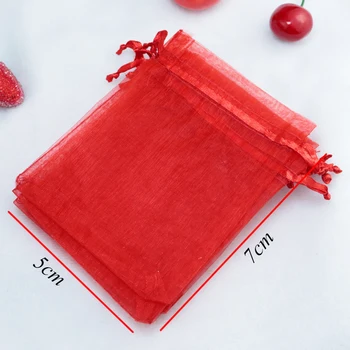 Hotsale 500 бр./лот Червена органза чанти 5x7cm малък Коледен дантела подарък чанта добър Чар на бижута, опаковане на чанти и торбички