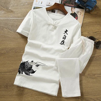 Мъжки костюм с V-образно деколте летен принт бельо комплект памучен мъжки t-shirt тънък, с къси ръкави и плътен цвят на ежедневните шорти на M-5XL мъжки дрехи
