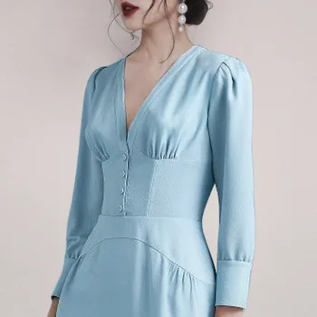 Max Spri 2020 Нова Мода V-Образно Деколте, Елегантен Дълъг Ръкав За Жени До Средата На Прасците Дължина Офис Дама Тънък Партия Vestidos